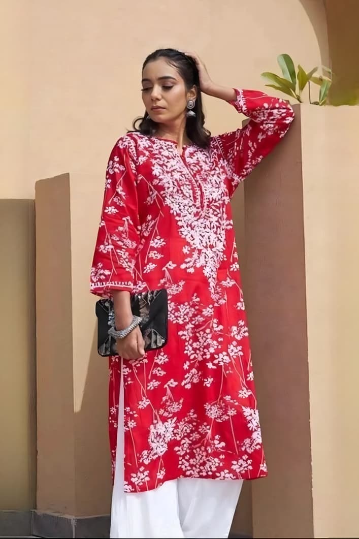 Printed hand-embroidered malmal Kurti with Lycra pant /Malmal fussion set