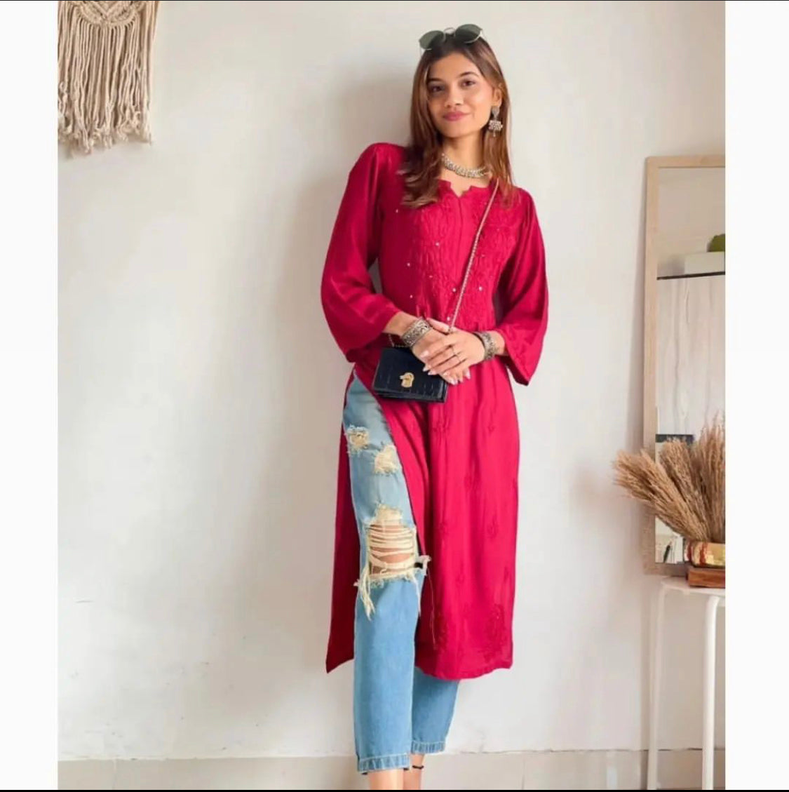 Versatile and Stylish Mukesh Embroidery in Rayon Kurti With Free Gift 💝 Inside