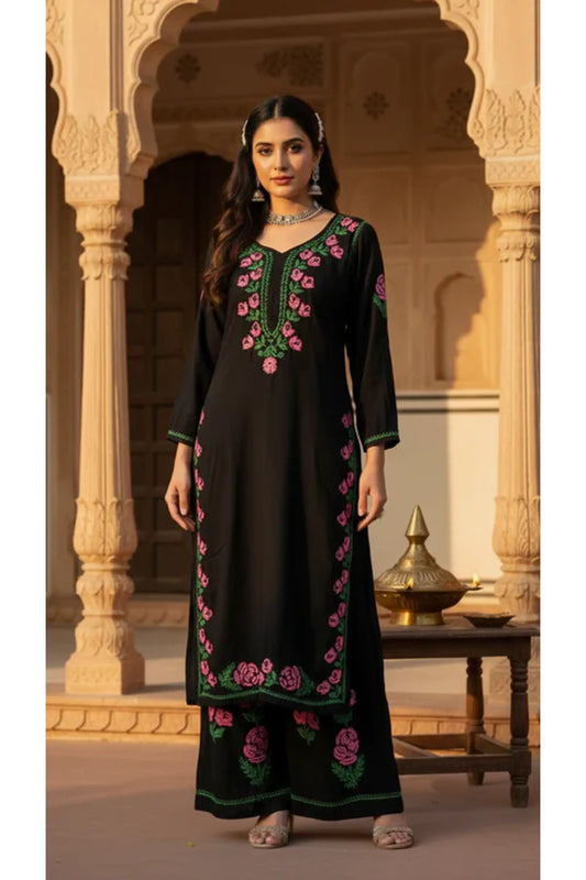 Rayon Rose work Chikankari Kurta Set with Palazzo