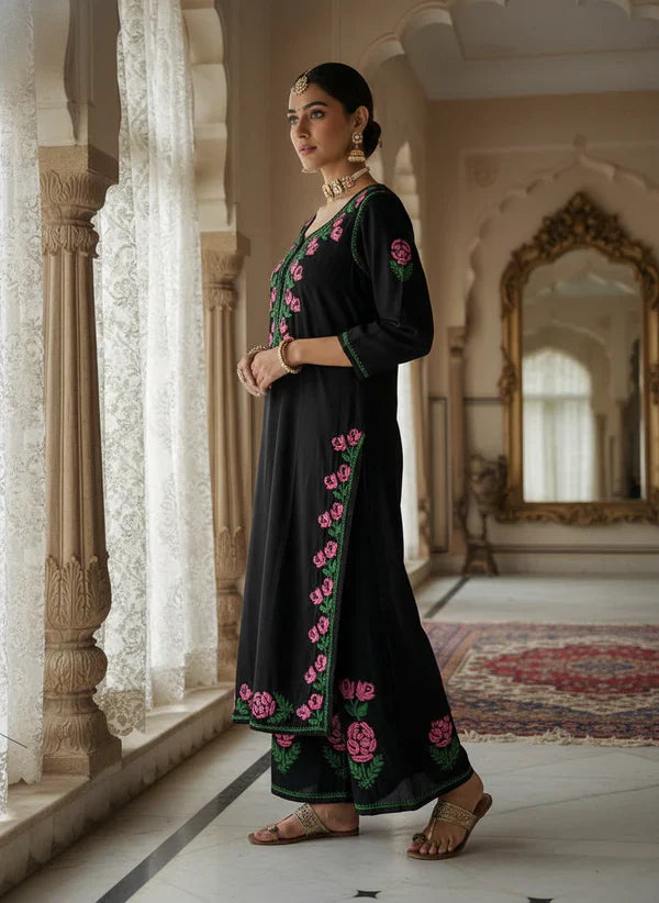 Rayon Rose work Chikankari Kurta Set with Palazzo